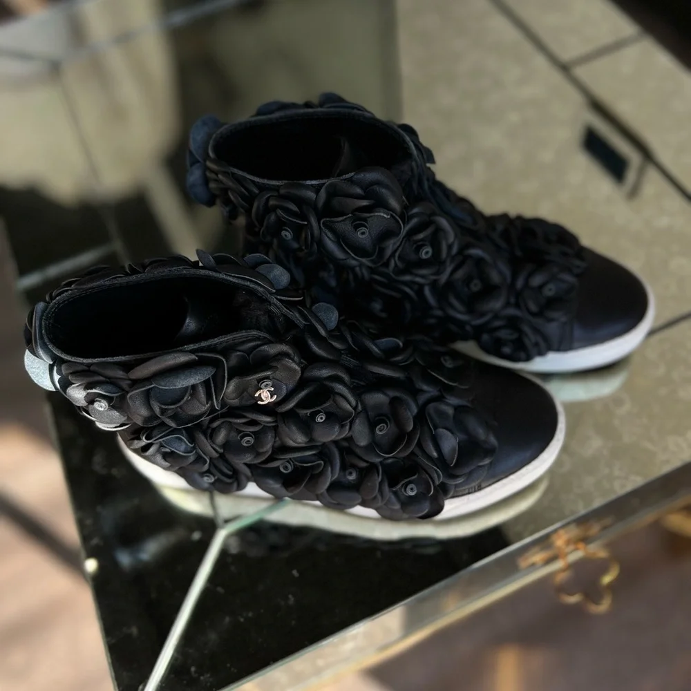 CHANEL Leather Camellia High Top Sneaker size 36